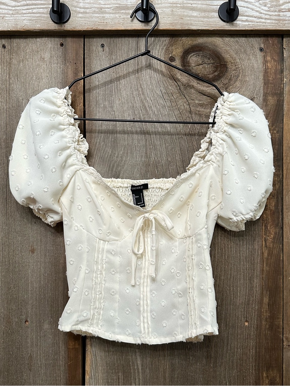 Forever 21 Clip Dot Puff Sleeve Bustier Top in Cream Size Small